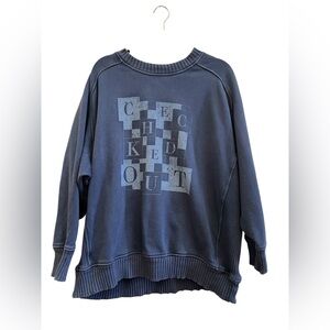 Aerie “Checked Out” Graphic Sweatshirt Oversized Boyfriend Blue Cozy Crewneck L